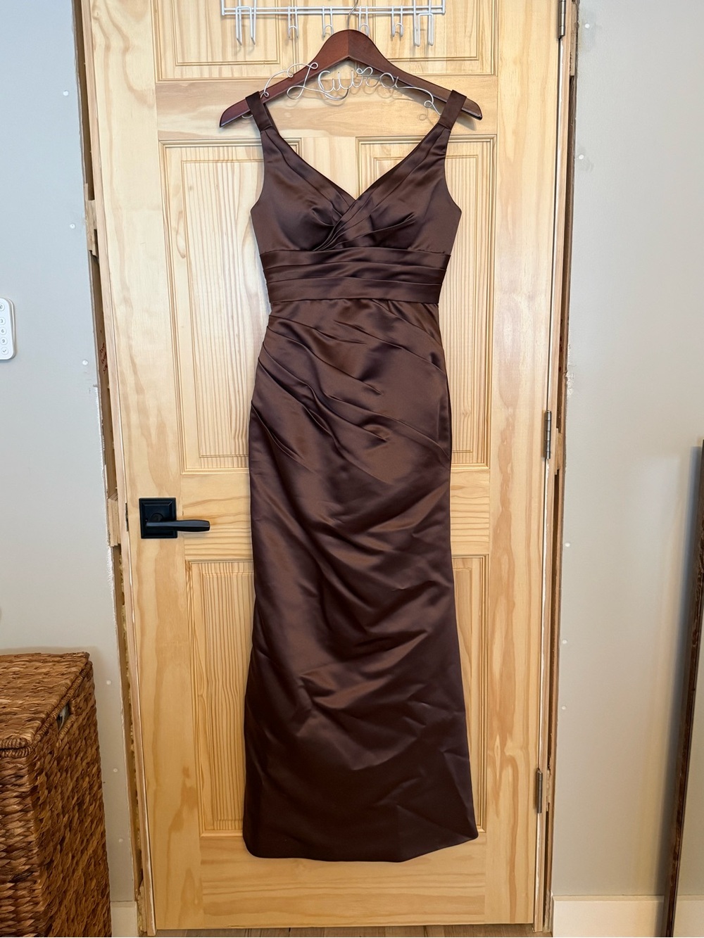 Bill Levkoff Chocolate Brown Satin V-Neck Bridesmaids Dress with Shawl